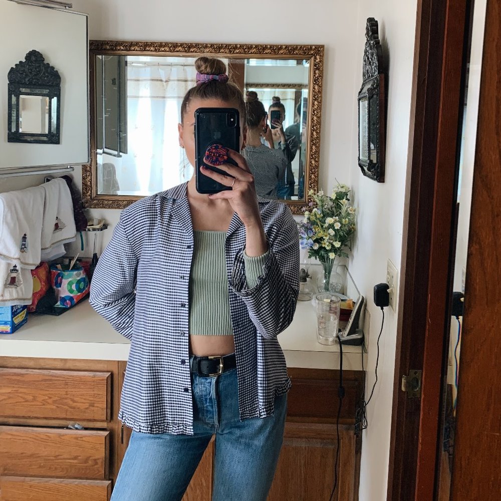 GINGHAM BUTTON UP BLOUSE WITH RUFFLE DETAILING